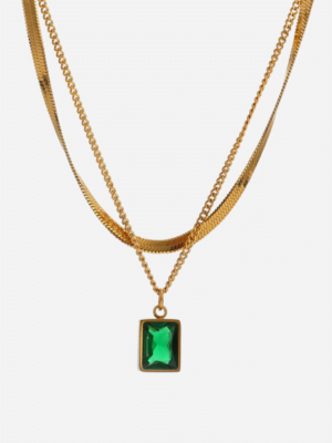 Double Chain Necklace With Cubic Zirconia Pendant